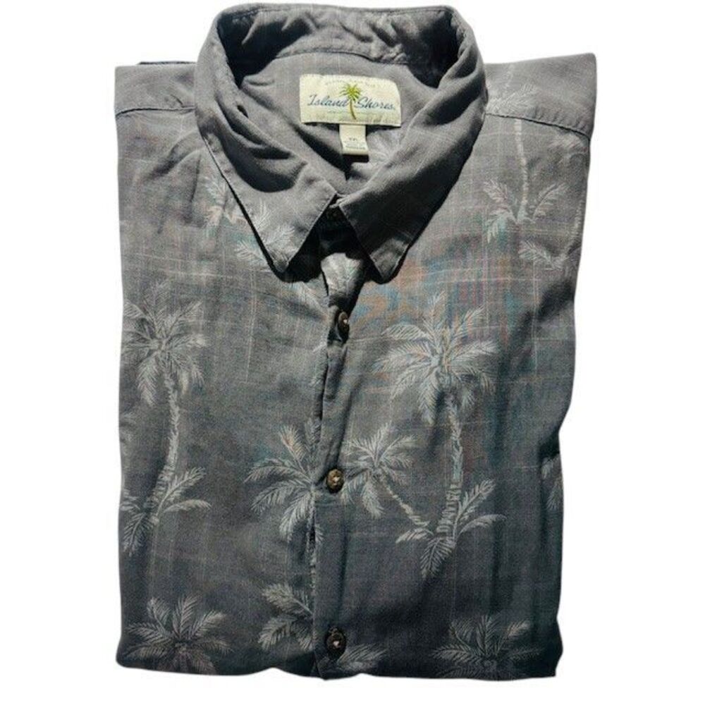 Men's Island Shores Palm Tree Print Hawaiian Button Down Shirt Gray Tropical XXL